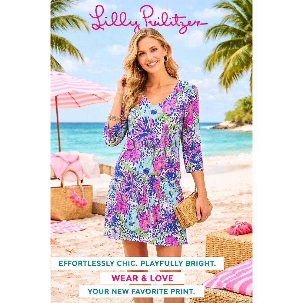 Lilly Pulitzer Printed T-Shirt‎ Dress Large Pink Blue Green Rayon Stretch